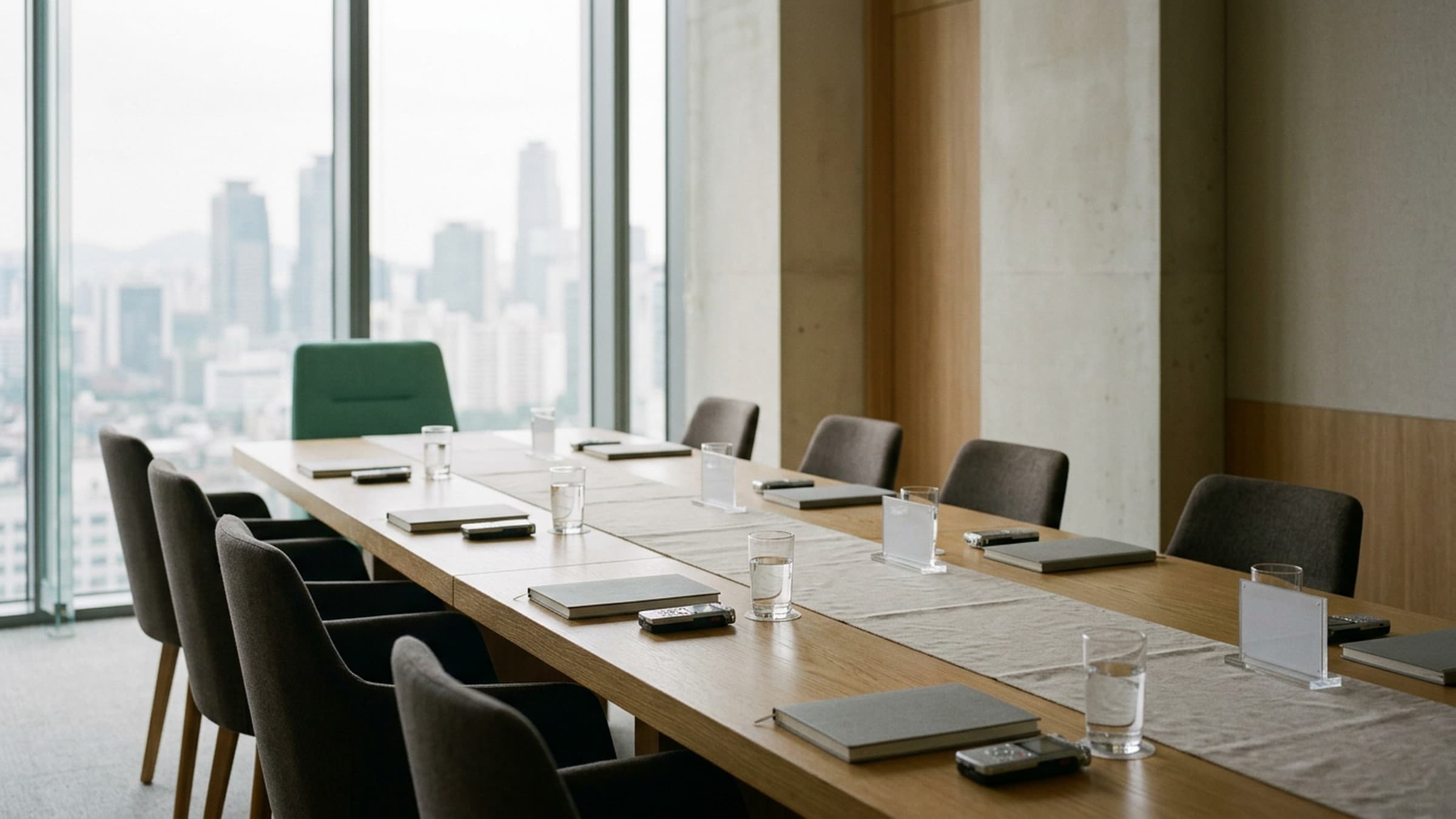 Wide view of a media roundtable room with reporters seated around a long table