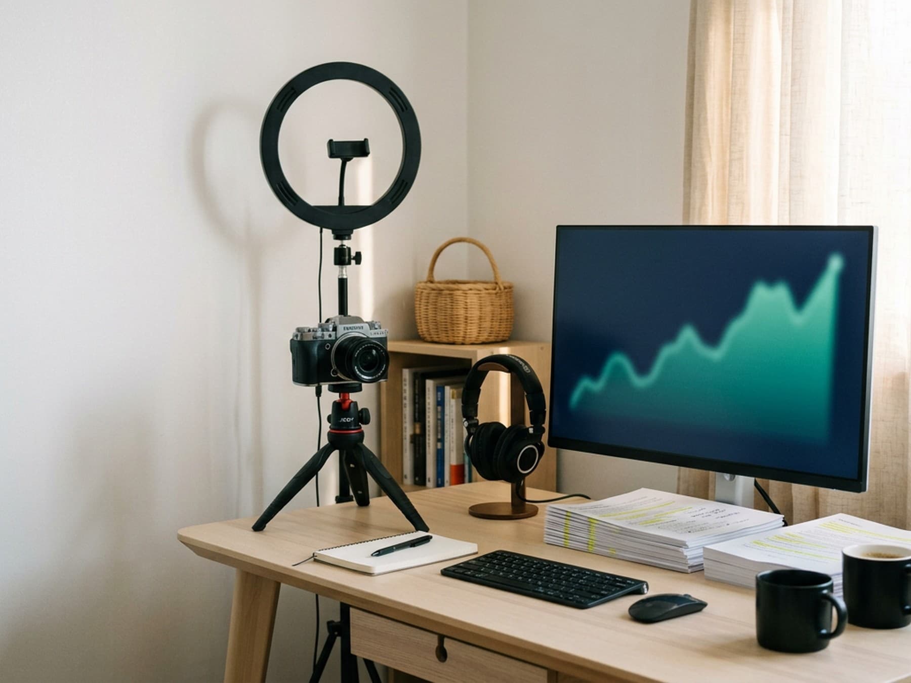 Creator's desk arranged to film launch-day investing content, with a camera and ring light facing a laptop