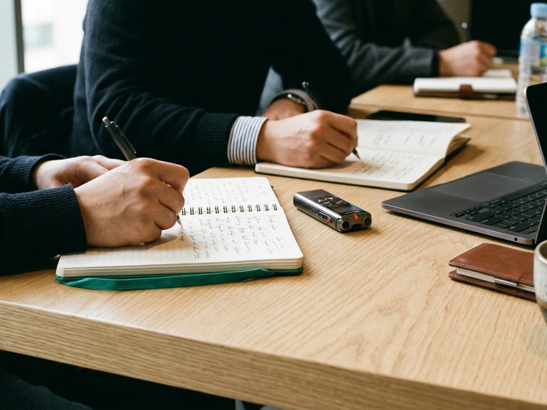 Financial reporters taking notes during a press briefing